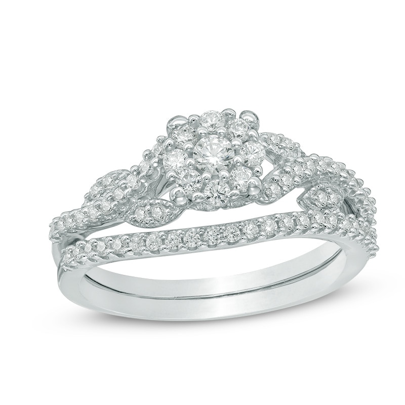 Main Image 1 of 1/2 CT. T.W. Diamond Frame Vine Split Shank Bridal Set in 10K White Gold