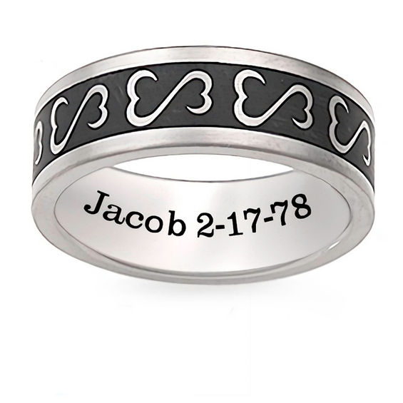 Open Hearts by Jane Seymourâ¢ personalized Unisex Wedding Band in Titanium with Black Enamel (1 Line)