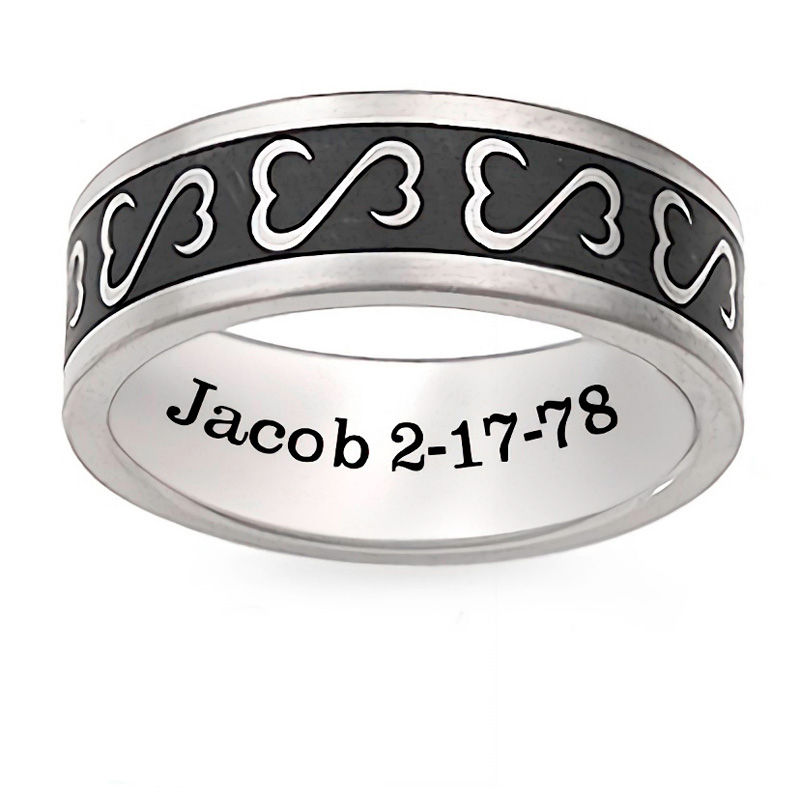 Main Image 1 of Open Hearts by Jane Seymour™ personalized Unisex Wedding Band in Titanium with Black Enamel (1 Line)