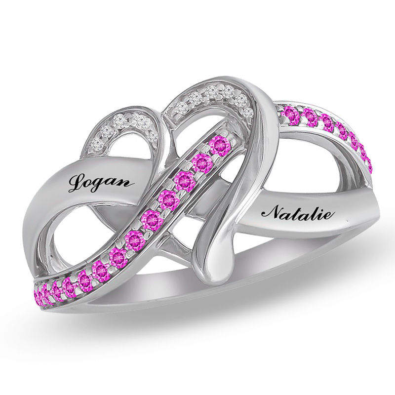 Main Image 1 of Couple's Birthstone and Diamond Accent Heart Ring in Sterling Silver (1 Stone and 2 Names)