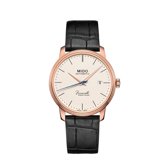 Men's MidoÂ® Baroncelli III Heritage Automatic Rose-Tone Strap Watch with White Dial (Model: M027.407.36.260.00)