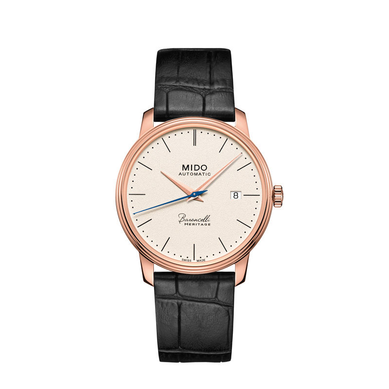 Men's MIDO® Baroncelli III Heritage Automatic Rose-Tone Strap Watch with White Dial (Model: M027.407.36.260.00)