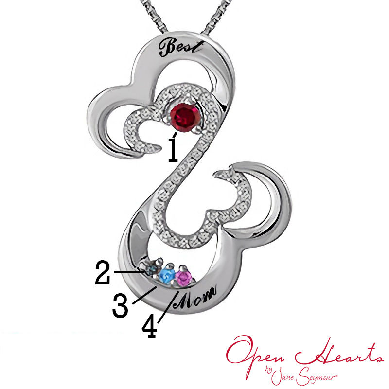 Open Hearts Family by Jane Seymour™ Birthstone and Diamond Pendant in Sterling Silver (4 Stones and 2 Lines)