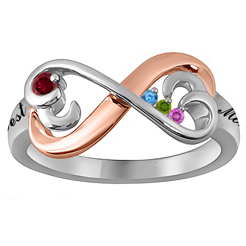 Main Image 1 of Open Hearts by Jane Seymour™ Birthstone Infinity Ring in Sterling Silver and 10K Rose Gold (4 Stones and 2 Lines)