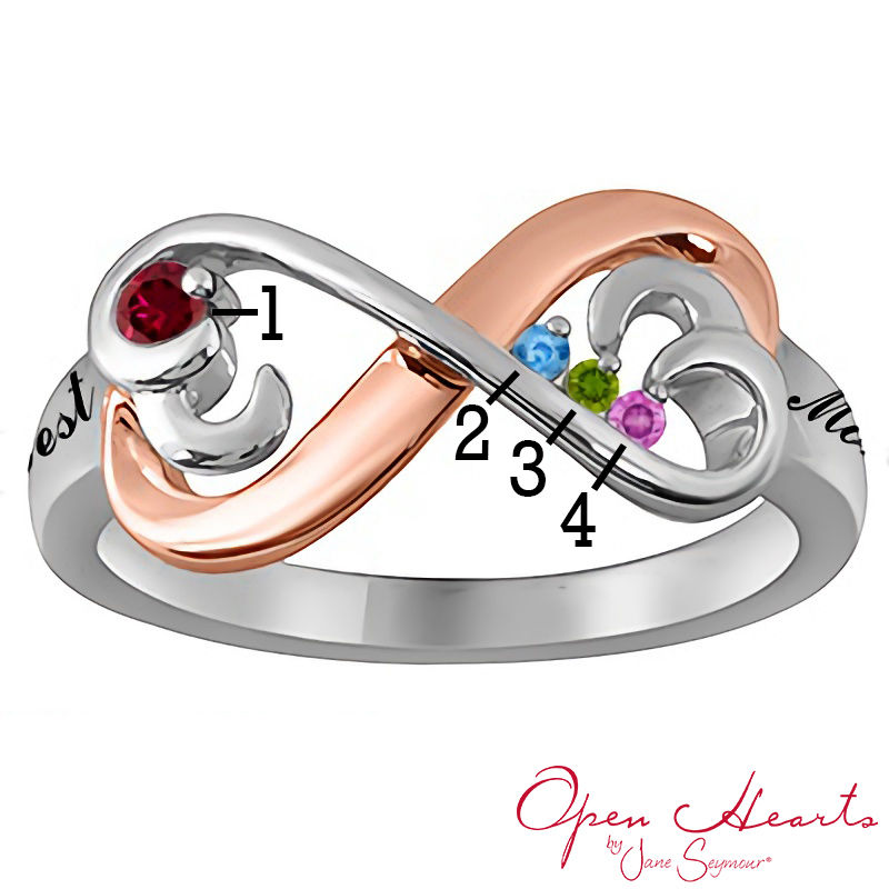Main Image 3 of Open Hearts by Jane Seymour™ Birthstone Infinity Ring in Sterling Silver and 10K Rose Gold (4 Stones and 2 Lines)
