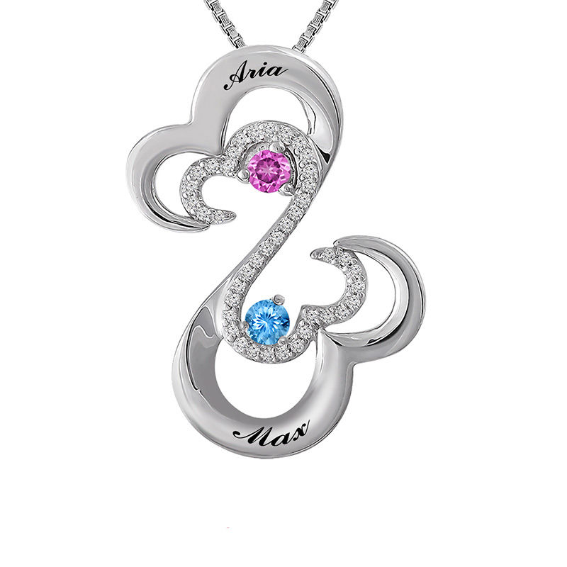 Open Hearts by Jane Seymour™ Birthstone and 1/10 CT. T.W. Diamond Pendant in Sterling Silver (2 Stones and Names)