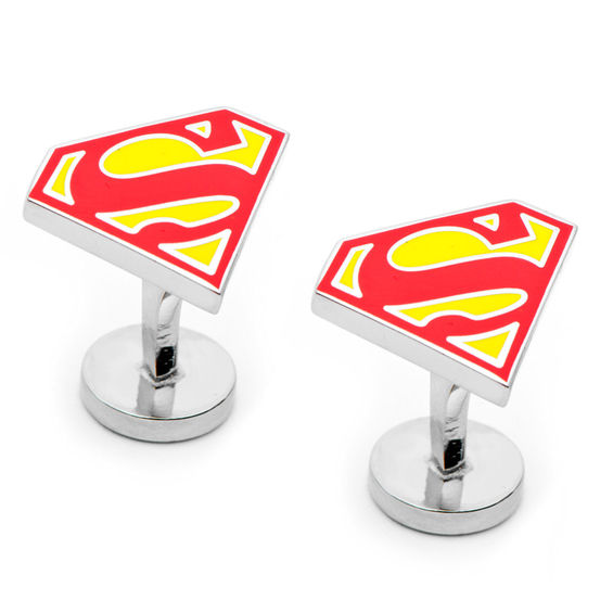 DC Comics Superman Shield Enamel Cuff Links in White Rhodium Brass