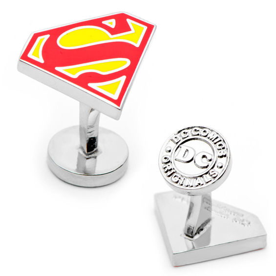 DC Comics Superman Shield Enamel Cuff Links in White Rhodium Brass
