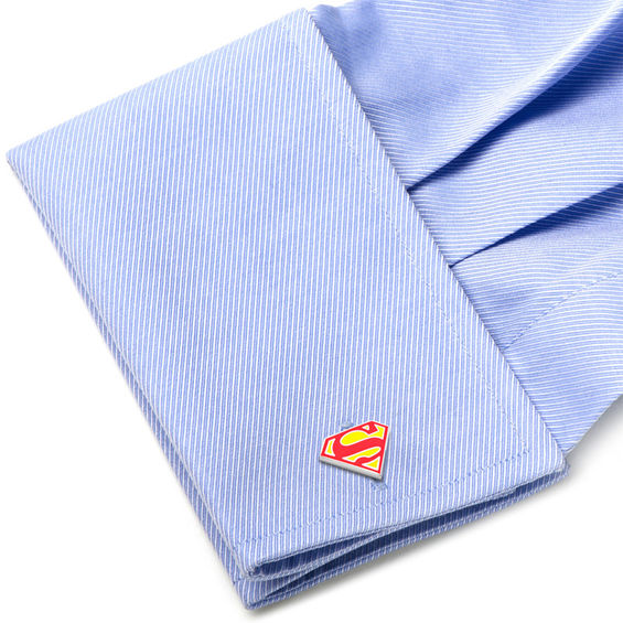 DC Comics Superman Shield Enamel Cuff Links in White Rhodium Brass