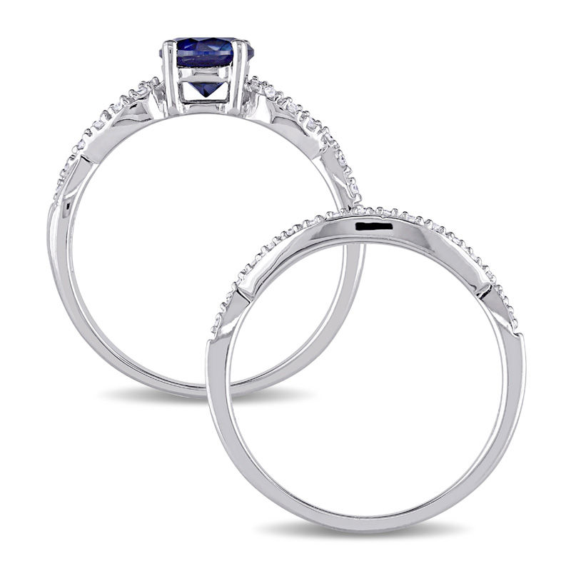 6.0mm Lab-Created Blue Sapphire and 1/8 CT. T.W. Diamond Twist Shank Bridal Set in 10K White Gold