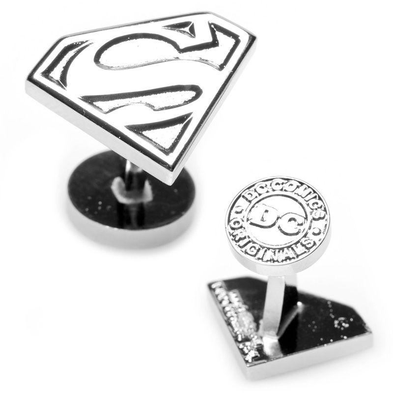 Main Image 1 of DC Comics Superman Shield Silver Enamel Cuff Links in White Rhodium Brass
