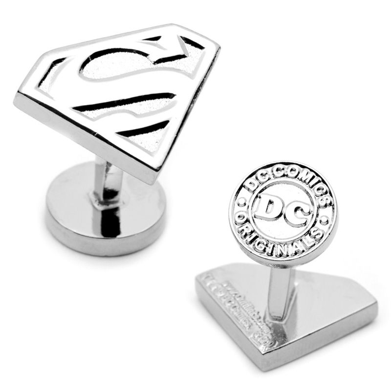Main Image 2 of DC Comics Superman Shield Silver Enamel Cuff Links in White Rhodium Brass