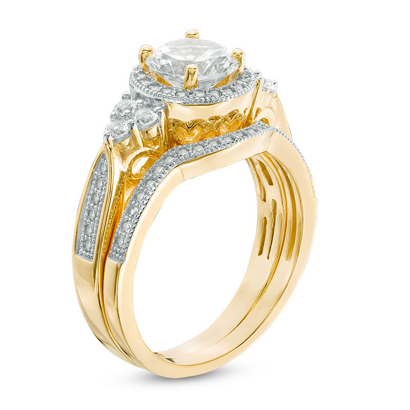 7.0mm Lab-Created White Sapphire Vintage-Style Tri-Sides Bridal Set in Sterling Silver with 14K Gold Plate