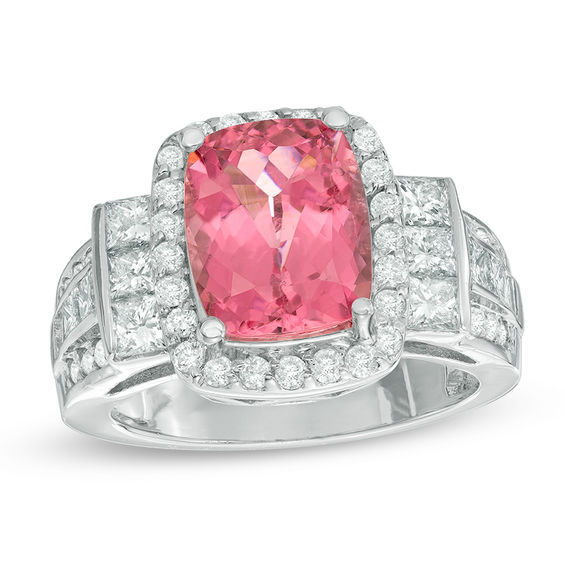 Cushion-Cut Pink Tourmaline and 1-1/4 CT. T.w. Diamond Frame Collar Ring in 14K White Gold