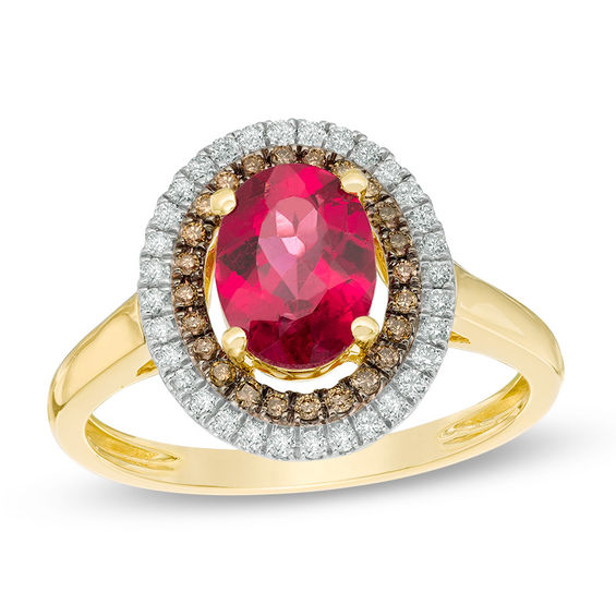 Oval Rubellite Tourmaline and 1/4 CT. T.W. Champagne and White Diamond ...