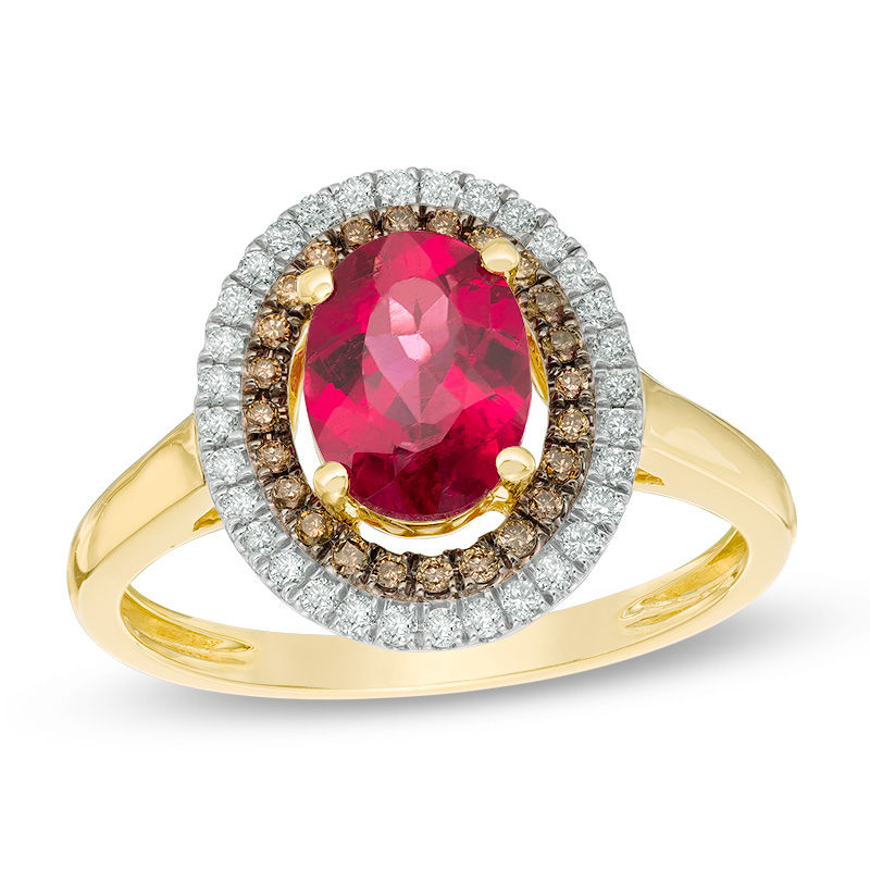 Oval Rubellite Tourmaline and 1/4 CT. T.W. Champagne and White Diamond Double Frame Ring in 14K Gold