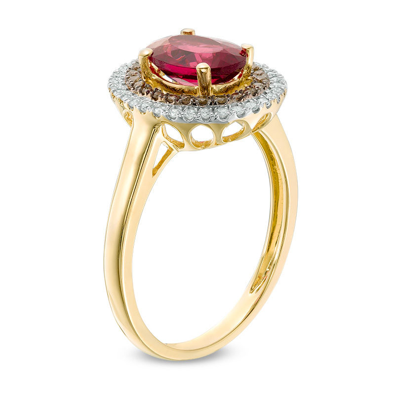 Oval Rubellite Tourmaline and 1/4 CT. T.W. Champagne and White Diamond Double Frame Ring in 14K Gold