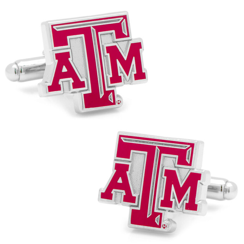 Men's NCAA Texas A&M University Logo Enamel Cuff Links in White Rhodium Brass