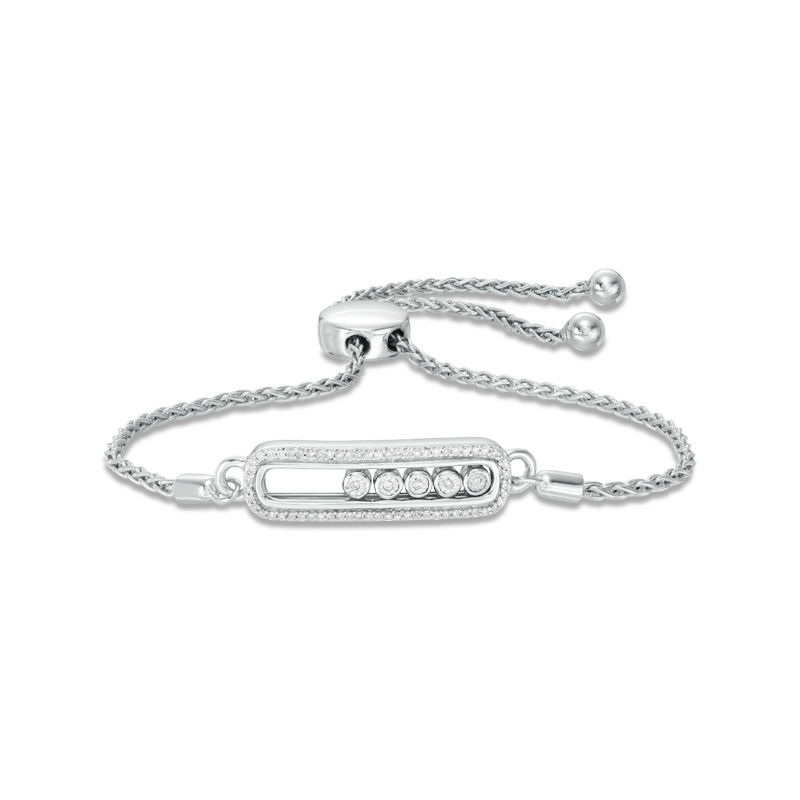 Main Image 1 of 1/6 CT. T.W. Diamond Five Stone Sliding Bar Bolo Bracelet in Sterling Silver - 8.0"