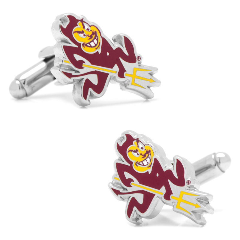 Men's NCAA Arizona State University Mascot Enamel Cuff Links in White Rhodium Brass