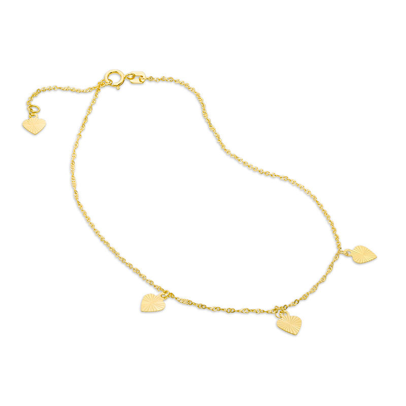 Main Image 1 of Diamond-Cut Triple Heart Dangle Station Anklet in 10K Gold - 10"
