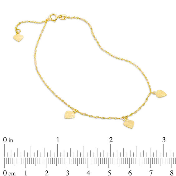 Diamond-Cut Triple Heart Dangle Station Anklet in 10K Gold - 10"