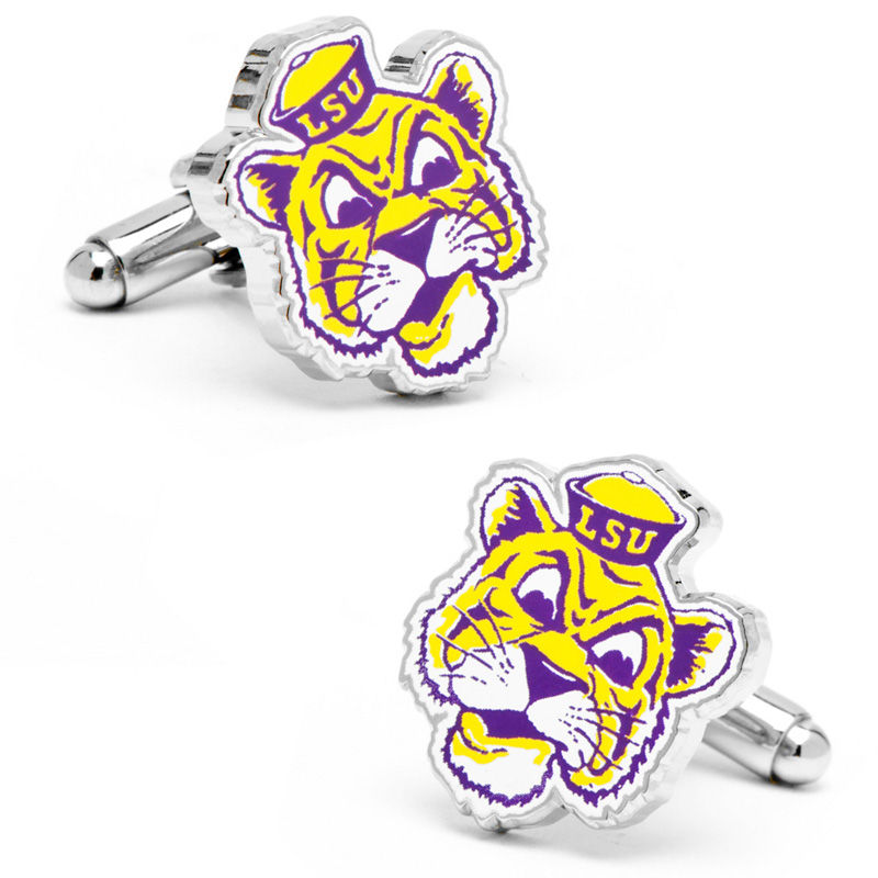 Men's NCAA Louisiana State University Mascot Enamel Cuff Links in White Rhodium Brass