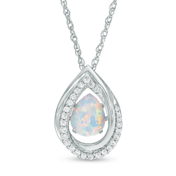 Peora Created White Opal with Genuine Diamond Pendant in 14K White Gold 10x7mm Pear Shape Elegant Teardrop Solitaire 1 Carat total 