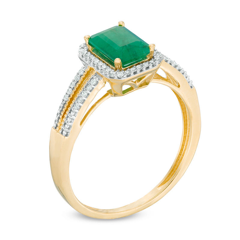 Emerald-Cut Emerald and 1/10 CT. T.W. Diamond Frame Vintage-Style Split Shank Ring in 10K Gold