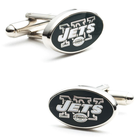 NFL New York Jets Logo Enamel Cuff Links in White Rhodium Brass