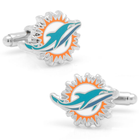 NFL Miami Dolphins Mascot Enamel Cuff Links in White Rhodium Brass