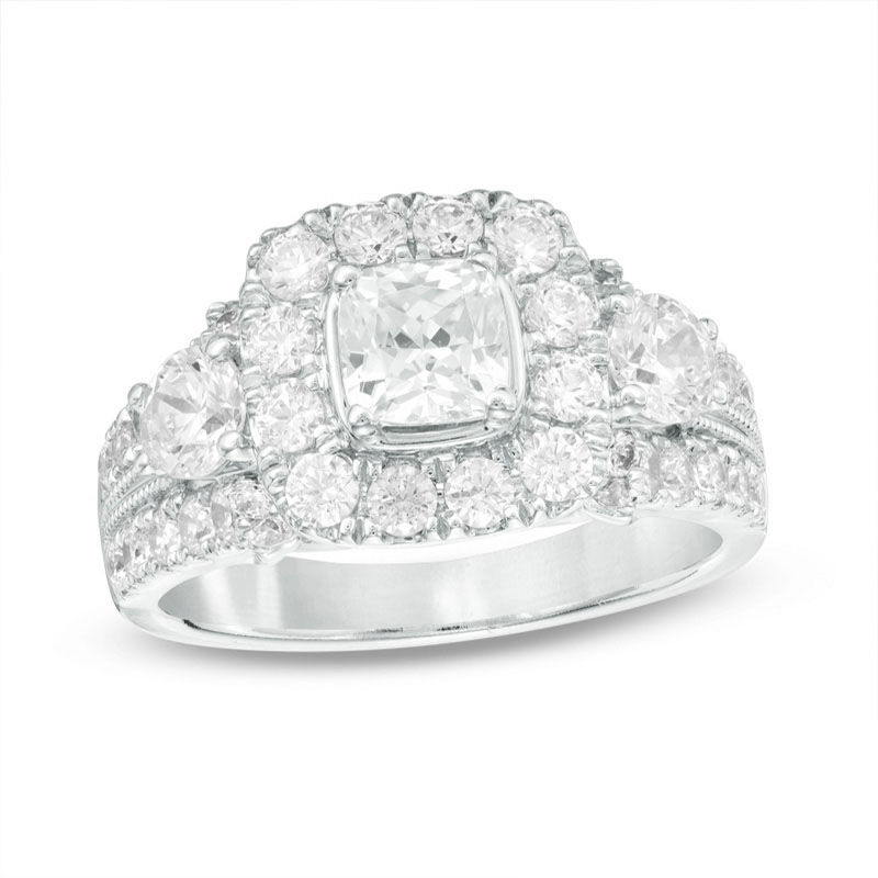 Celebration Ideal 2 CT. T.W. Cushion-Cut Diamond Three Stone Frame Engagement Ring in 14K White Gold (I/I1)
