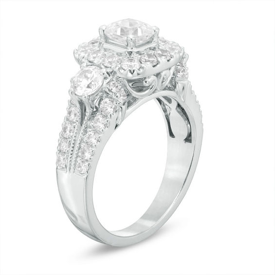 Celebration Ideal 2 CT. T.w. Cushion-Cut Certified Diamond Three Stone Frame Engagement Ring in 14K White Gold (I/I1)
