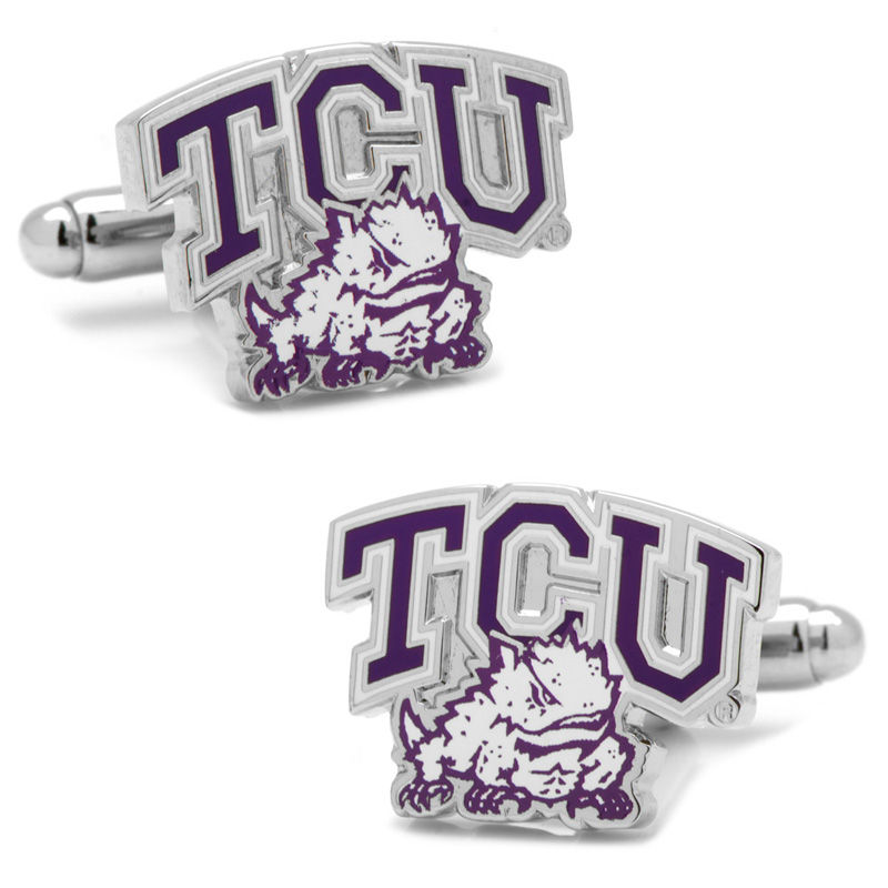 Men's NCAA Texas Christian University Logo Enamel Cuff Links in White Rhodium Brass