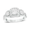 Thumbnail Image 1 of Celebration Ideal 1-1/2 CT. T.W. Cushion-Cut Certified Diamond Three-Stone Frame Engagement Ring in 14K White Gold (I/I1)