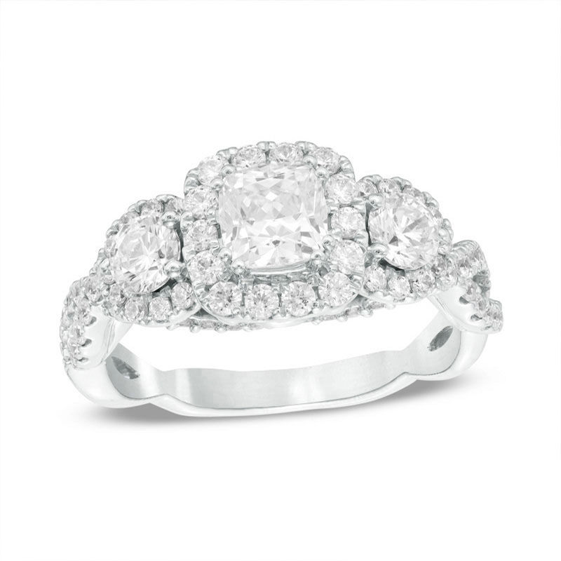 Main Image 1 of Celebration Ideal 1-1/2 CT. T.W. Cushion-Cut Certified Diamond Three-Stone Frame Engagement Ring in 14K White Gold (I/I1)