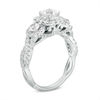 Thumbnail Image 1 of Celebration Ideal 1-1/2 CT. T.W. Cushion-Cut Diamond Three-Stone Frame Engagement Ring in 14K White Gold (I/I1)