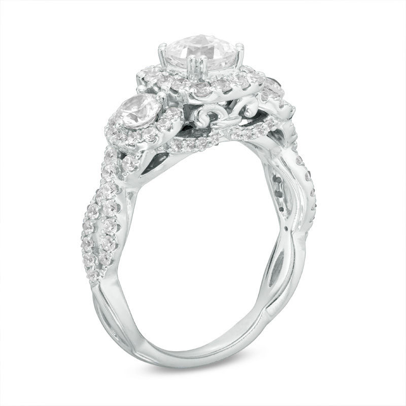 Main Image 2 of Celebration Ideal 1-1/2 CT. T.W. Cushion-Cut Certified Diamond Three-Stone Frame Engagement Ring in 14K White Gold (I/I1)