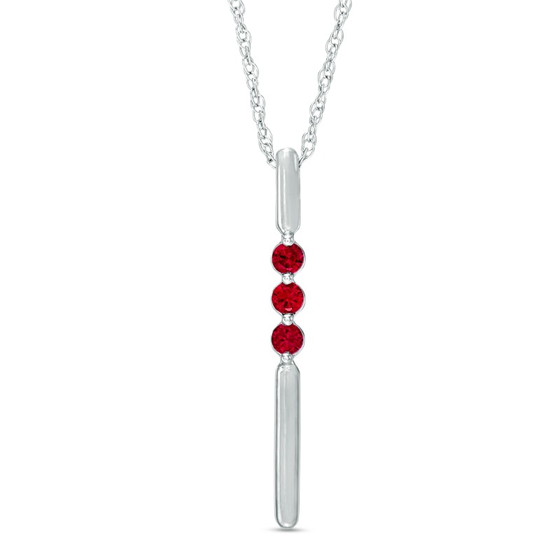 Main Image 1 of Lab-Created Ruby Linear Three Stone Bar Pendant in Sterling Silver