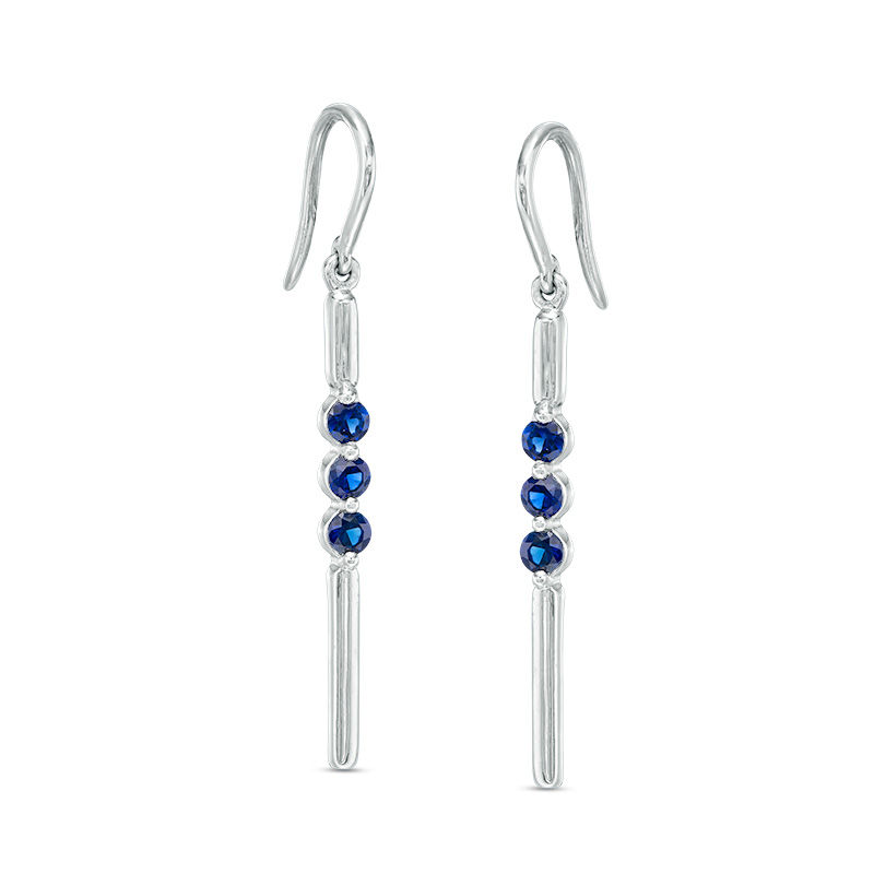 Lab-Created Blue Sapphire Three Stone Bar Drop Earrings in Sterling Silver