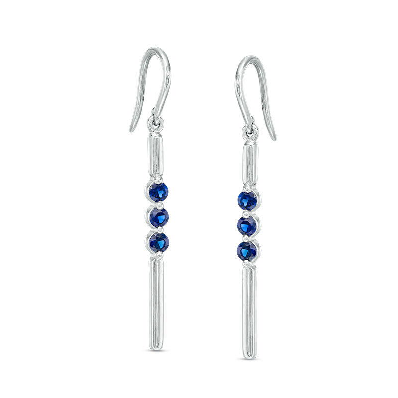 Main Image 1 of Lab-Created Blue Sapphire Three Stone Bar Drop Earrings in Sterling Silver