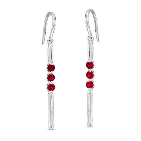 Lab-Created Ruby Three Stone Bar Drop Earrings in Sterling Silver ...