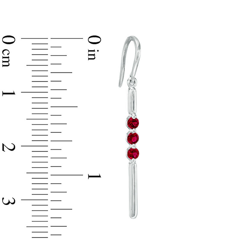 Lab-Created Ruby Three Stone Bar Drop Earrings in Sterling Silver