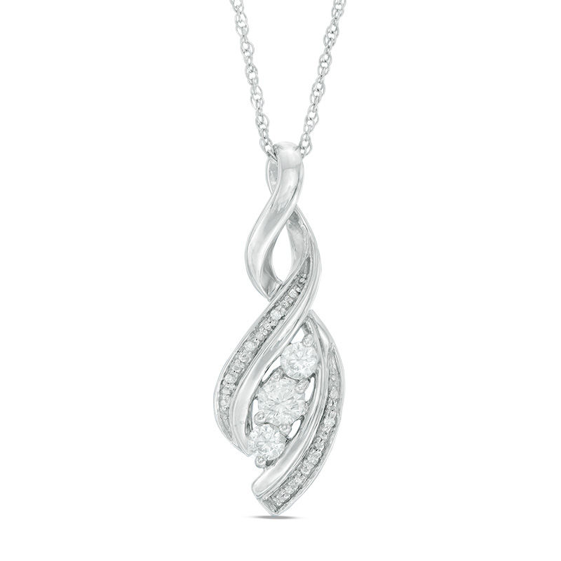 Lab-Created White Sapphire and Diamond Accent Cascading Three Stone Pendant in Sterling Silver