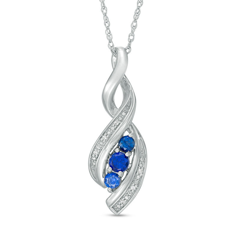Main Image 1 of Lab-Created Blue Sapphire and Diamond Accent Cascading Three Stone Pendant in Sterling Silver