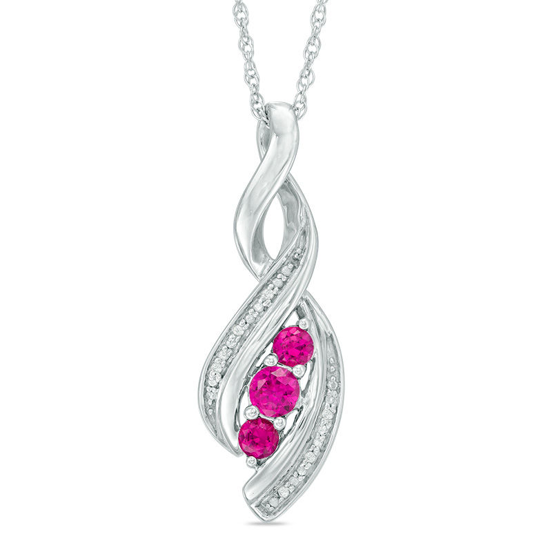 Lab-Created Ruby and Diamond Accent Cascading Three Stone Pendant in Sterling Silver