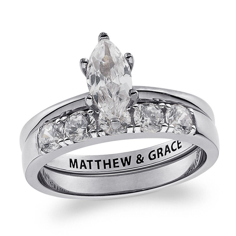 Main Image 1 of Personalized Marquise White Topaz Bridal Set in Sterling Silver (1 Line)