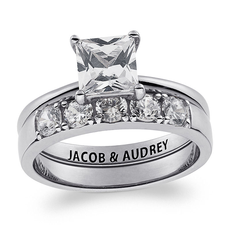 Personalized Princess-Cut White Topaz Bridal Set in Sterling Silver (1 Line)
