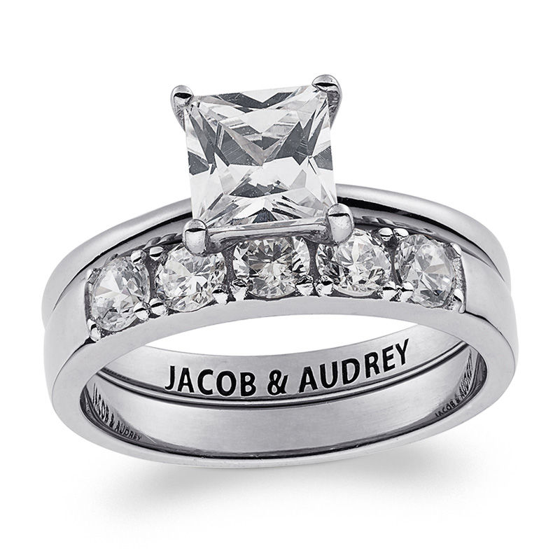 Main Image 1 of Personalized Princess-Cut White Topaz Bridal Set in Sterling Silver (1 Line)