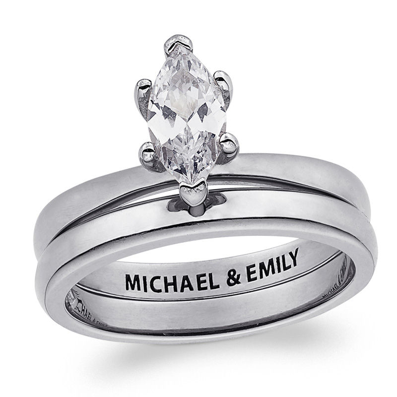 Main Image 1 of Personalized Marquise White Topaz Solitaire Bridal Set in Sterling Silver (1 Line)